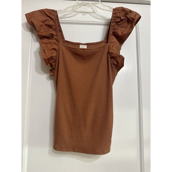 A New Day Ruffle Sleeve Ribbed Tank, Brown, Elastic Hem, Stretch, XL - Picture 2 of 10